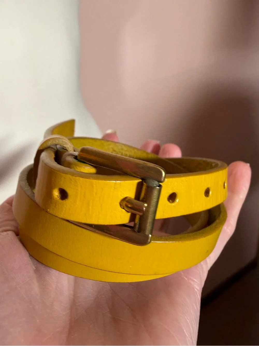 Vintage retro yellow leather minimalist ultra skinny Belt small medium